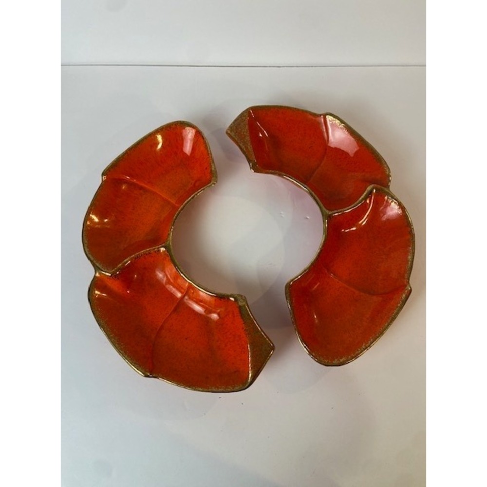 Vintage California Pottery Orange Lava Glaze Gold Trim Divided Serving Dish Set